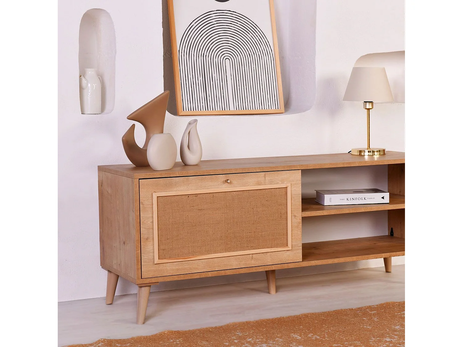 Eleganter TV-Ständer aus Eiche, 138 x 55 x 41 cm | 100 % melaminbeschichtete Spanplatte, Beine aus Weißbuche (15 cm) | Perfekt für moderne Wohnzimmer