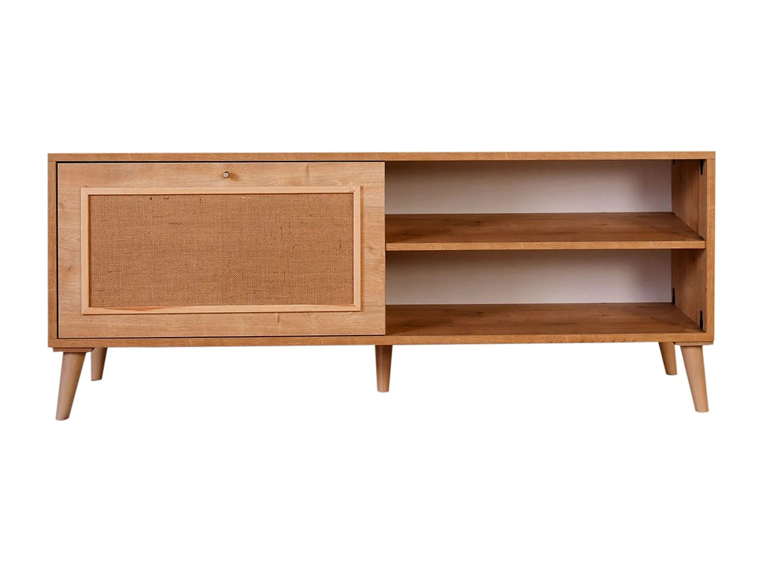 Eleganter TV-Ständer aus Eiche, 138 x 55 x 41 cm | 100 % melaminbeschichtete Spanplatte, Beine aus Weißbuche (15 cm) | Perfekt für moderne Wohnzimmer