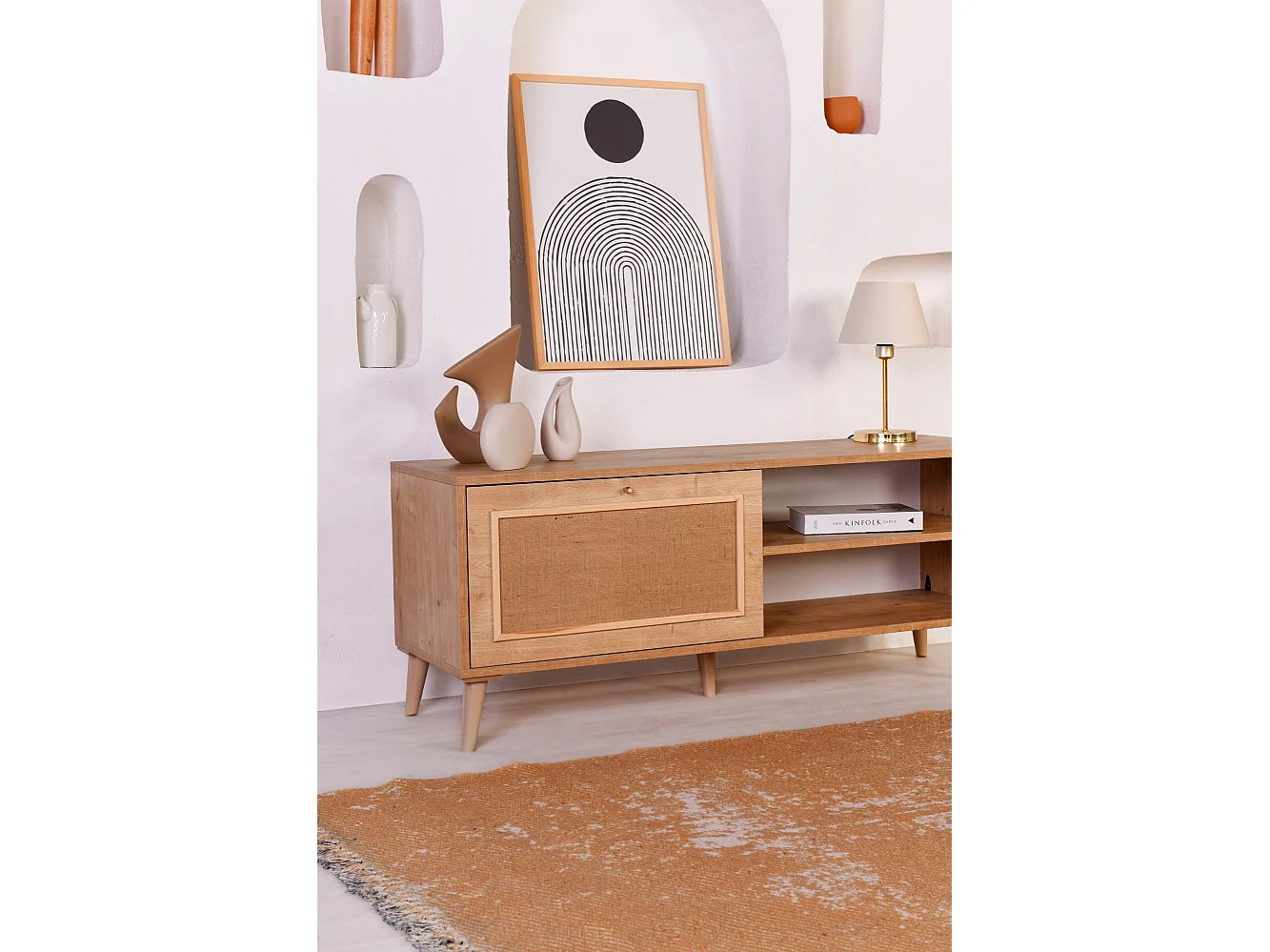 Eleganter TV-Ständer aus Eiche, 138 x 55 x 41 cm | 100 % melaminbeschichtete Spanplatte, Beine aus Weißbuche (15 cm) | Perfekt für moderne Wohnzimmer