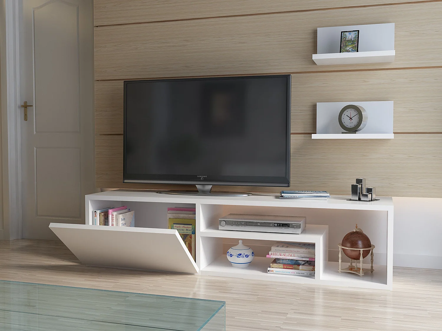 Móvel de TV moderno – 120 cm – branco – aglomerado revestido em melamina