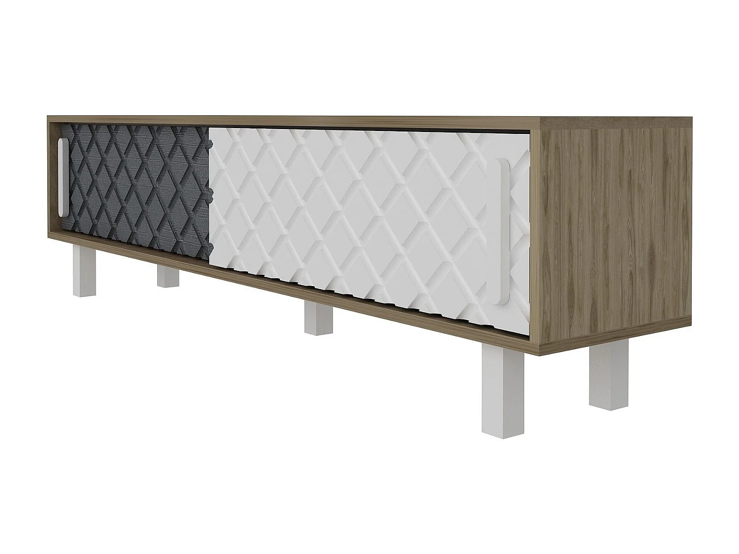 Meuble TV façade en relief Lehmann L180cm Chêne clair, Blanc et Gris