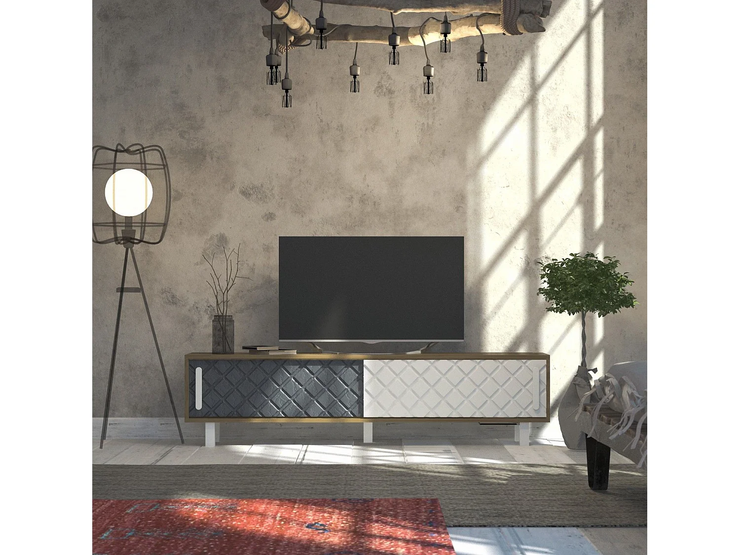 Meuble TV façade en relief Lehmann L180cm Chêne clair, Blanc et Gris