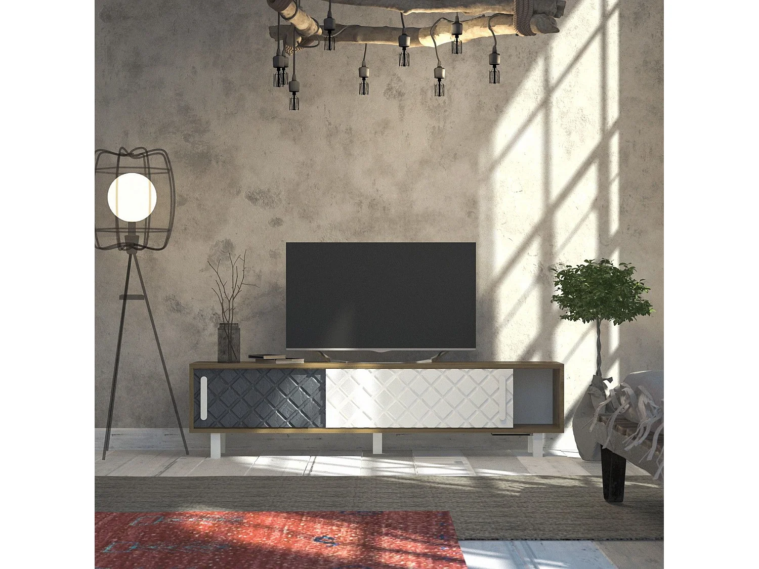 Meuble TV façade en relief Lehmann L180cm Chêne clair, Blanc et Gris