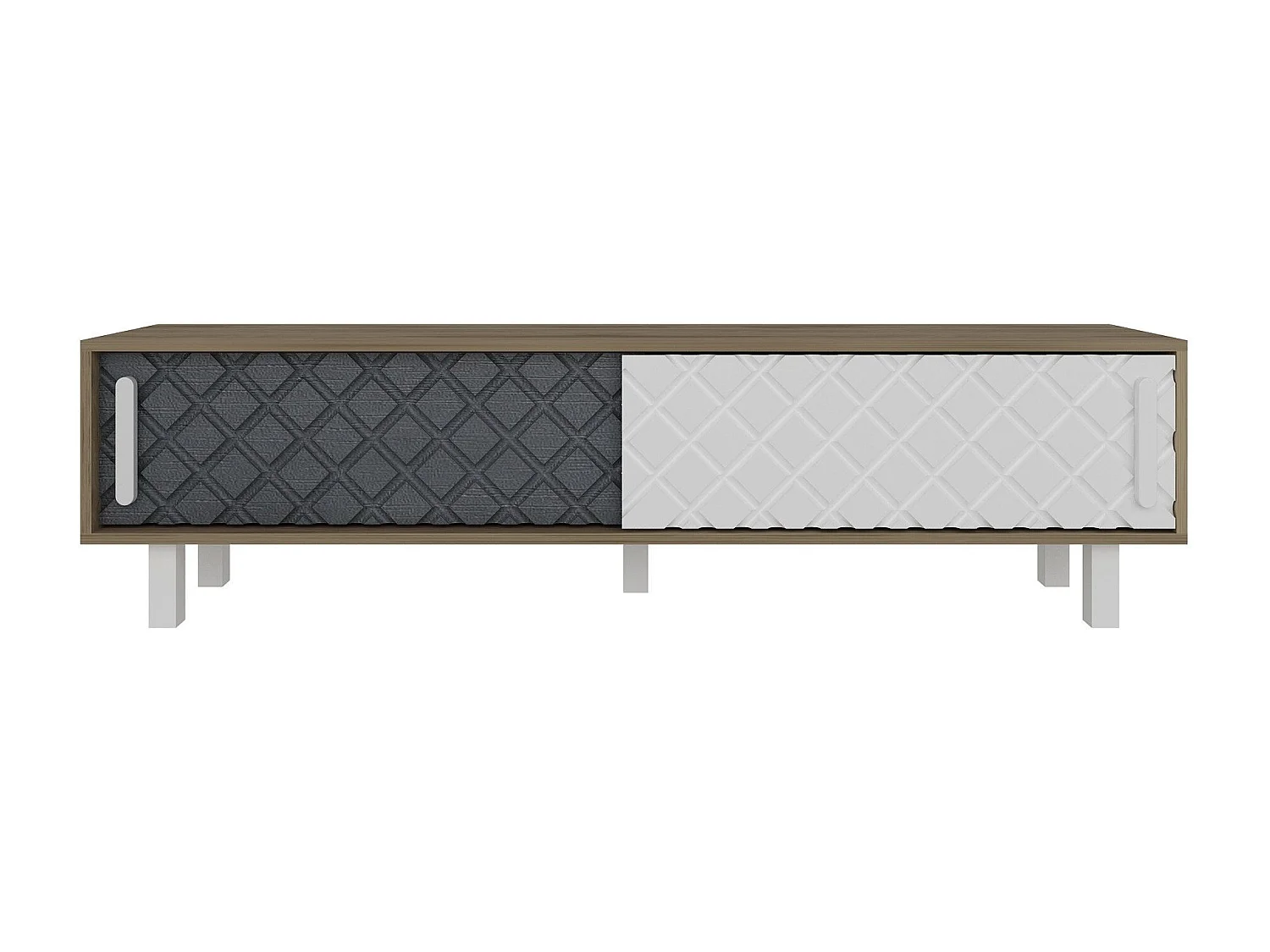 Meuble TV façade en relief Lehmann L180cm Chêne clair, Blanc et Gris