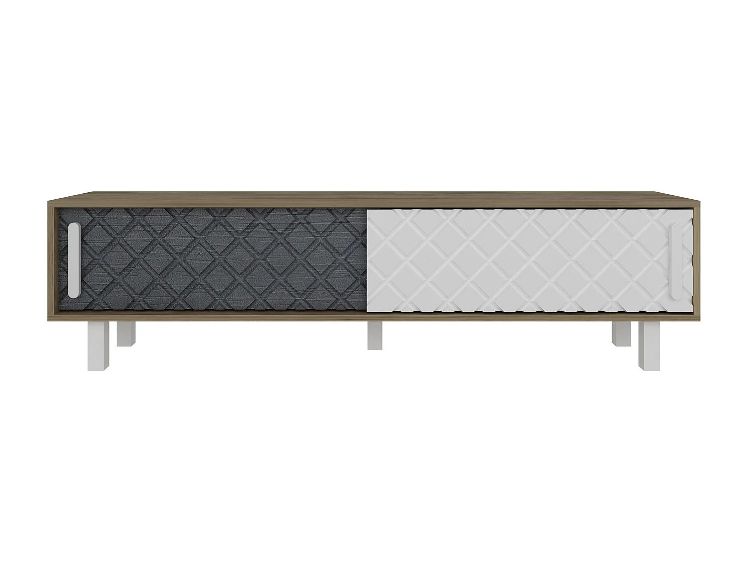 Meuble TV façade en relief Lehmann L180cm Chêne clair, Blanc et Gris