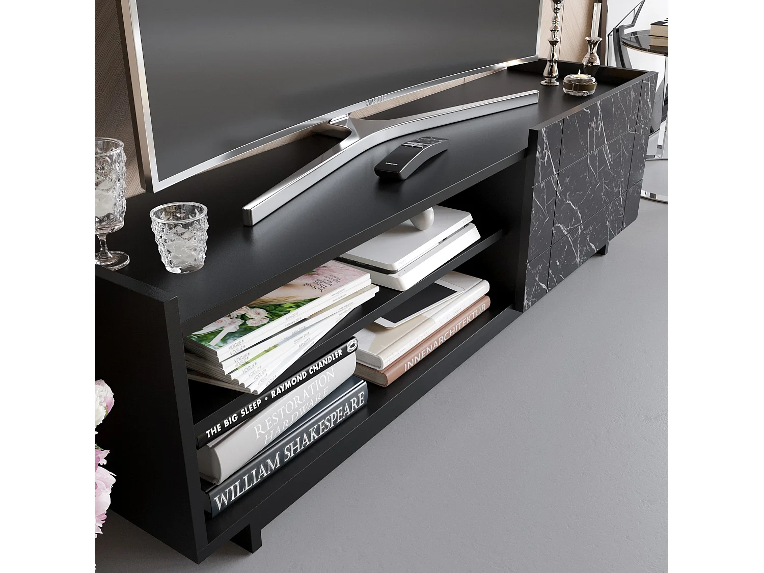 Mueble de TV – 140 cm – Negro y mármol – Tablero de partículas