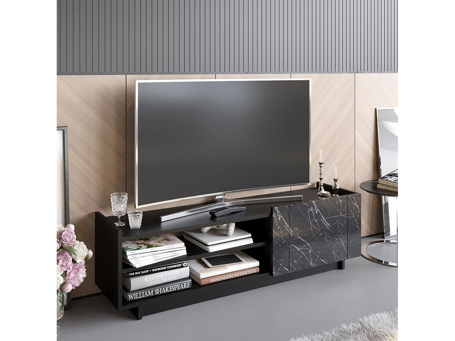 TV-Ständer – 140 cm – Schwarz und Marmor – Spanplatte