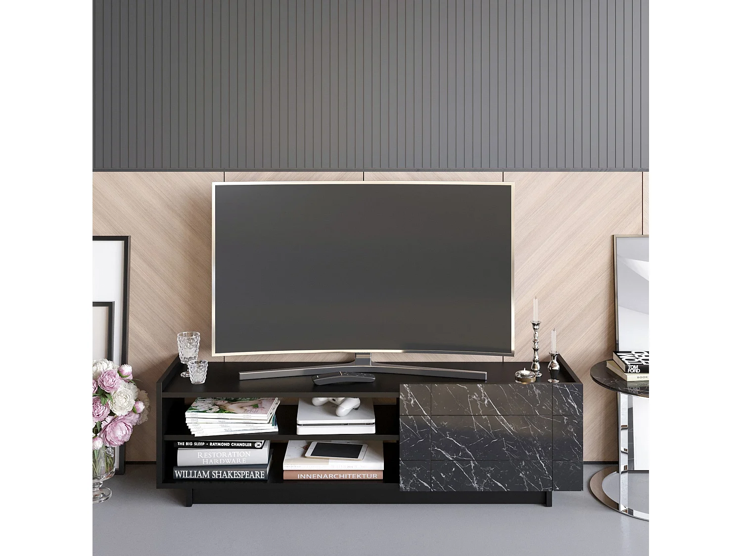 TV-Ständer – 140 cm – Schwarz und Marmor – Spanplatte