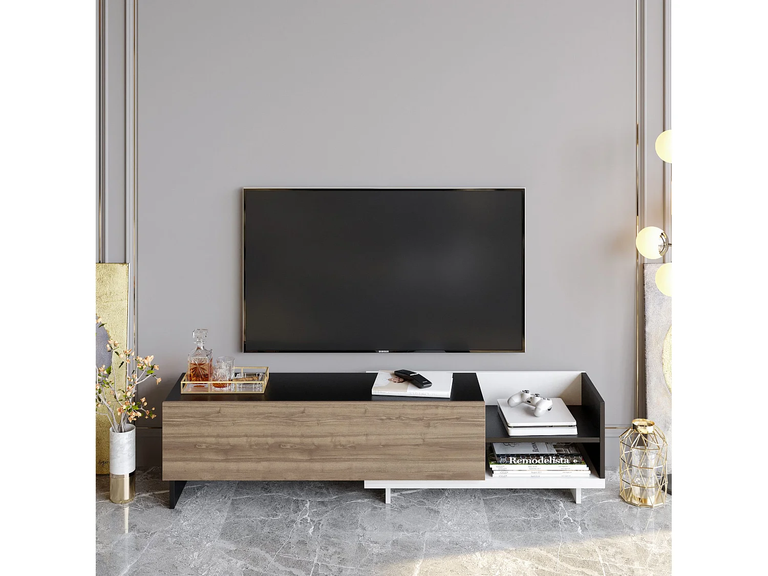 Mueble de TV escandinavo, 165 cm, blanco y negro/nogal, aglomerado 100% melaminizado, 18 mm de grosor | Elegante y funcional para salones modernos.