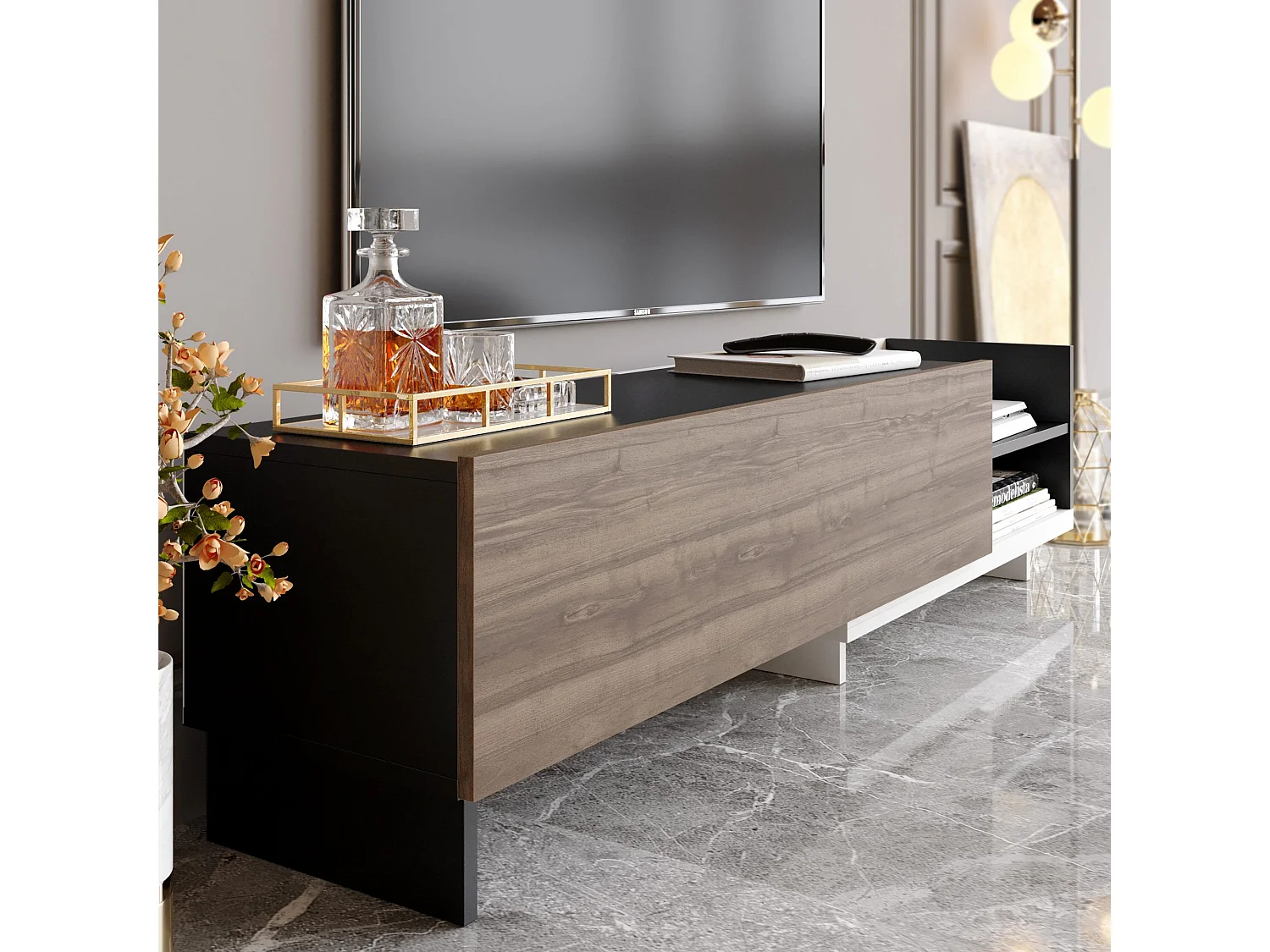 Mueble de TV escandinavo, 165 cm, blanco y negro/nogal, aglomerado 100% melaminizado, 18 mm de grosor | Elegante y funcional para salones modernos.