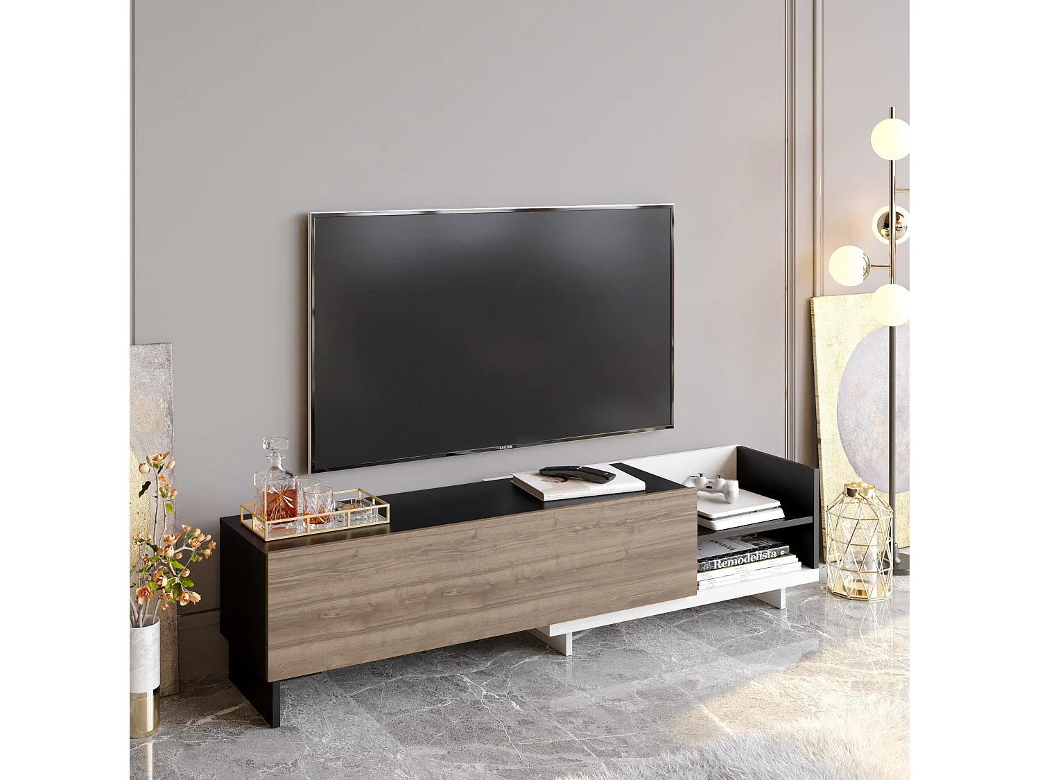 Mueble de TV escandinavo, 165 cm, blanco y negro/nogal, aglomerado 100% melaminizado, 18 mm de grosor | Elegante y funcional para salones modernos.