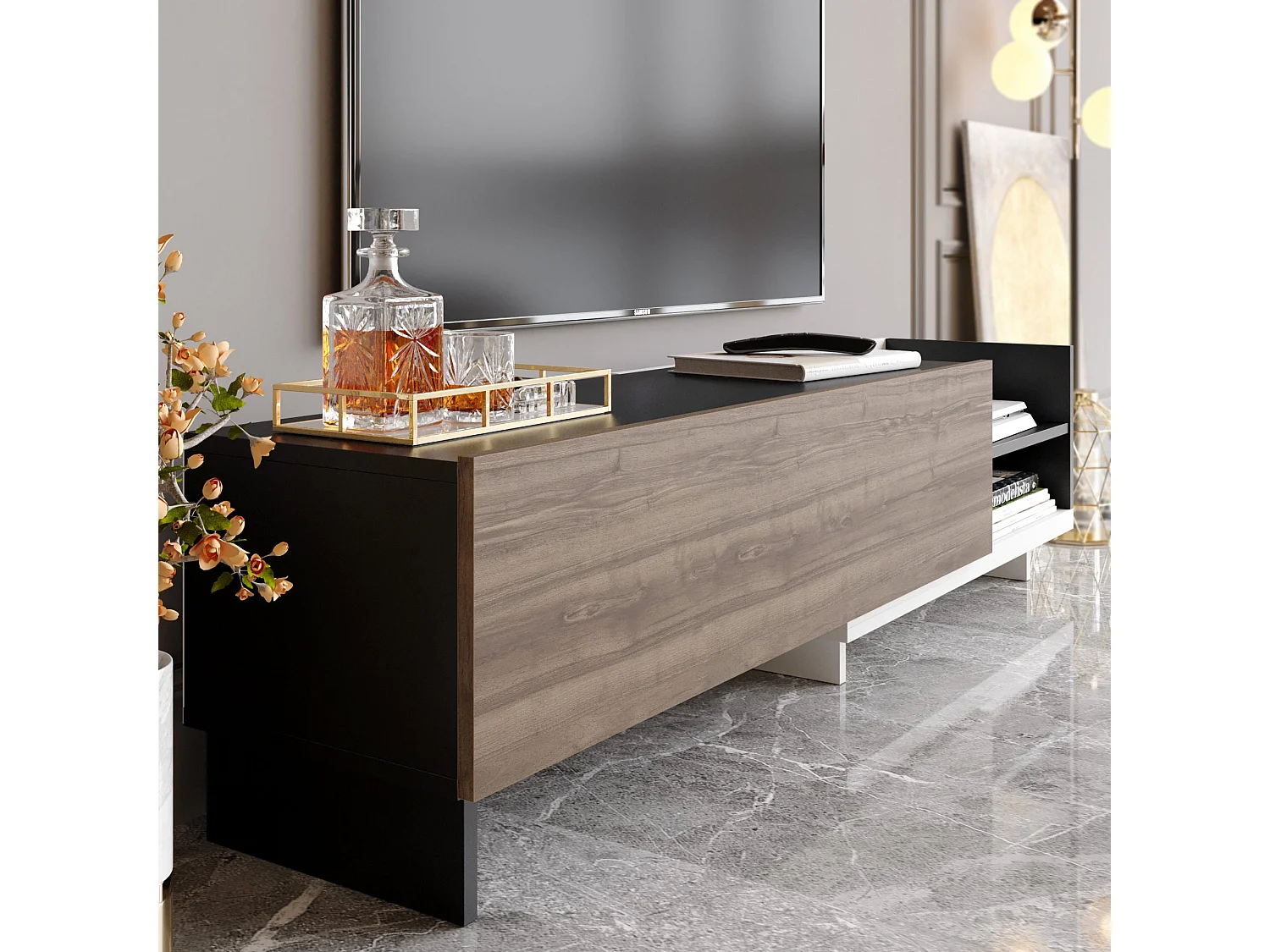 Mueble de TV escandinavo, 165 cm, blanco y negro/nogal, aglomerado 100% melaminizado, 18 mm de grosor | Elegante y funcional para salones modernos.