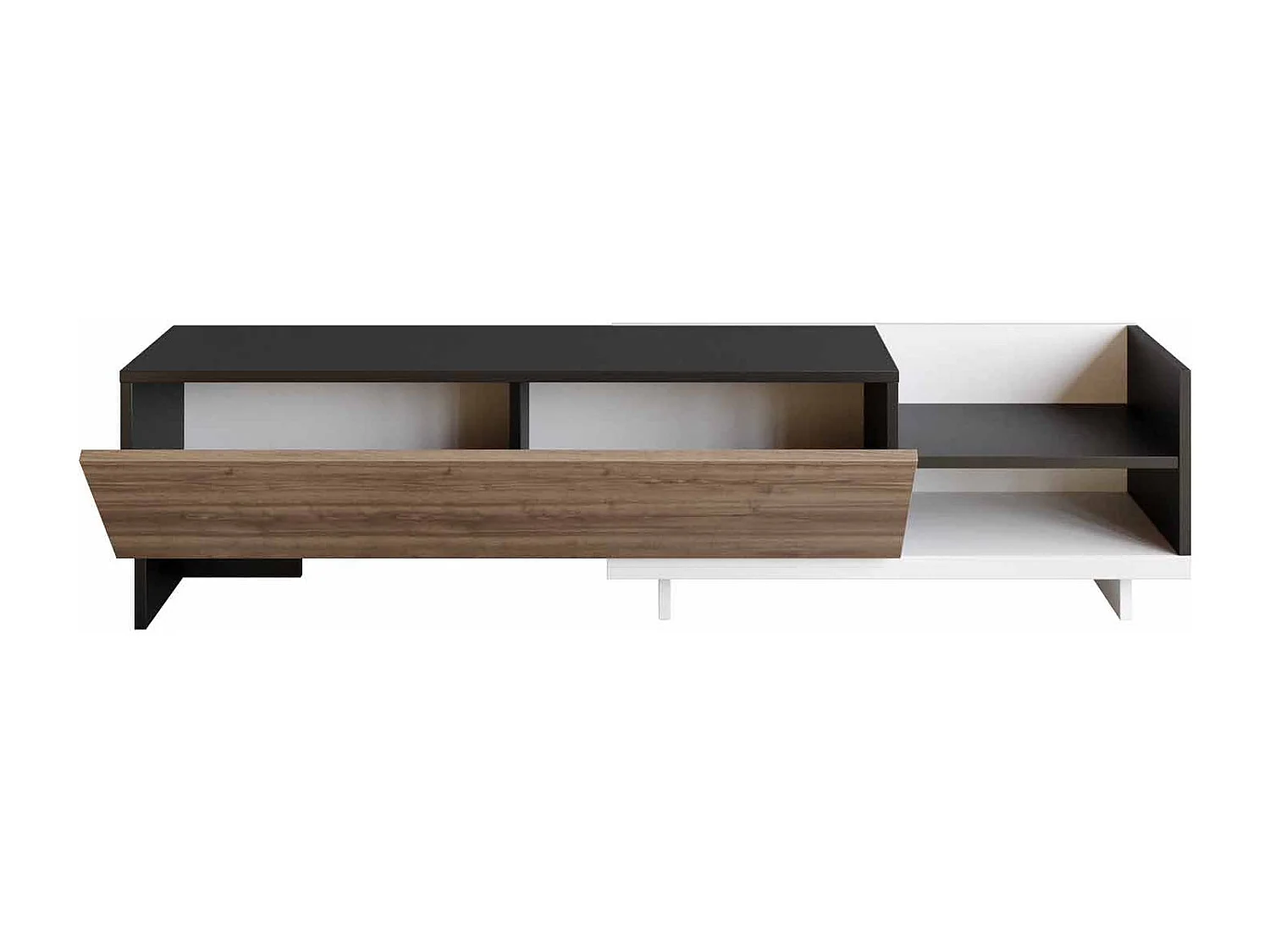 Mueble de TV escandinavo, 165 cm, blanco y negro/nogal, aglomerado 100% melaminizado, 18 mm de grosor | Elegante y funcional para salones modernos.
