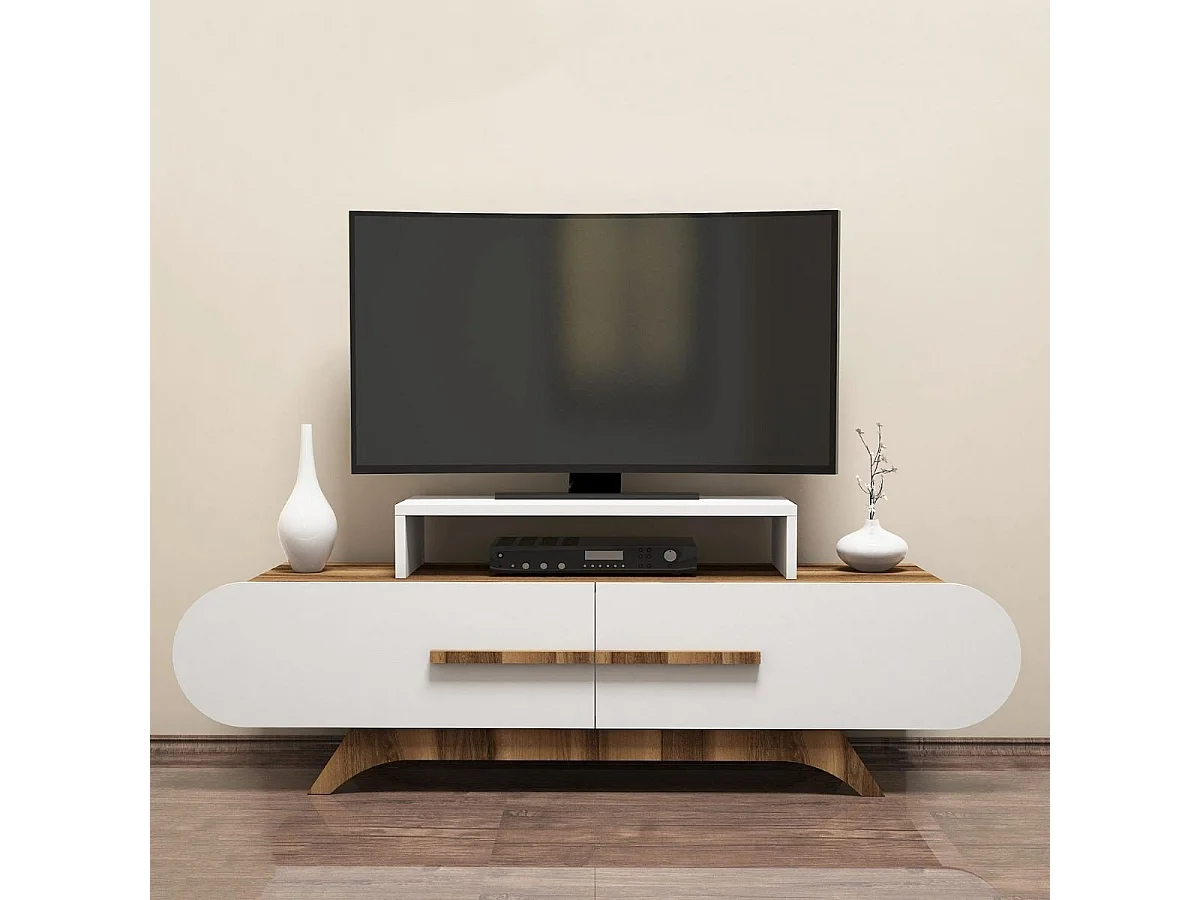 Meuble TV 2 portes décor noyer et blanc L145 cm - Rose