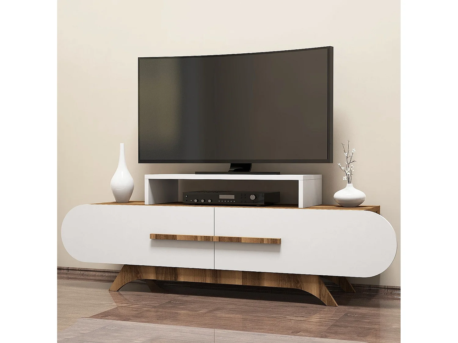 Meuble TV 2 portes décor noyer et blanc L145 cm - Rose