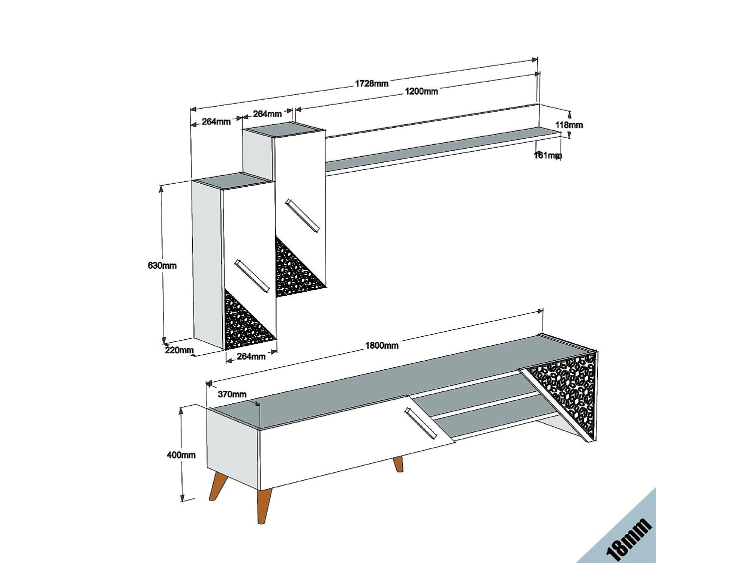 Conjunto de salón Kailua 1564, Roble, Partes separadas|Con mesa de TV, 180x37cm