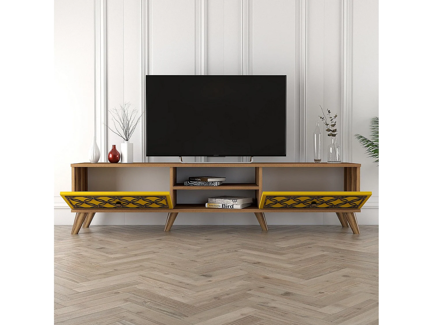 Mesa de tv Kailua 1166, Amarillo|Nogal, 180x44x35cm