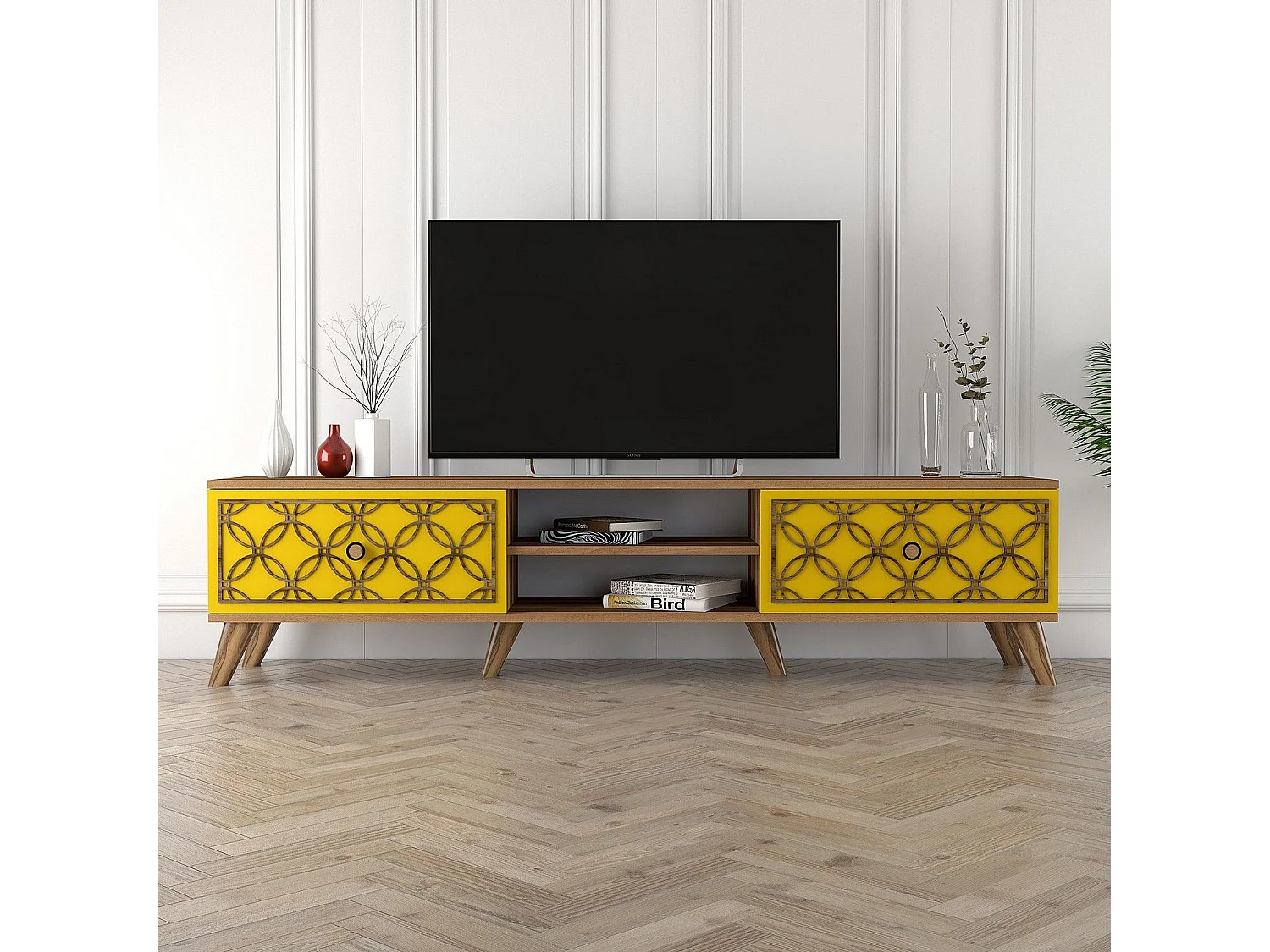 Meuble TV 2 portes et 2 étagères Varize 180cm Motif Arabesque Jaune et Bois