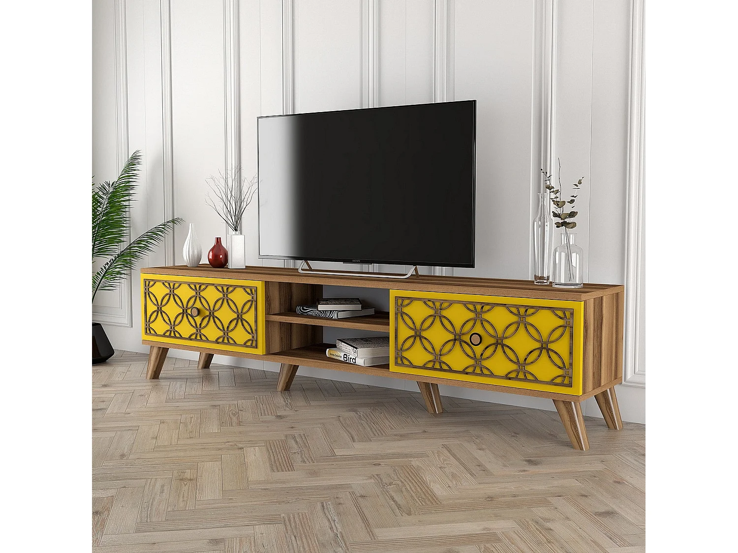 Meuble TV 2 portes et 2 étagères Varize 180cm Motif Arabesque Jaune et Bois