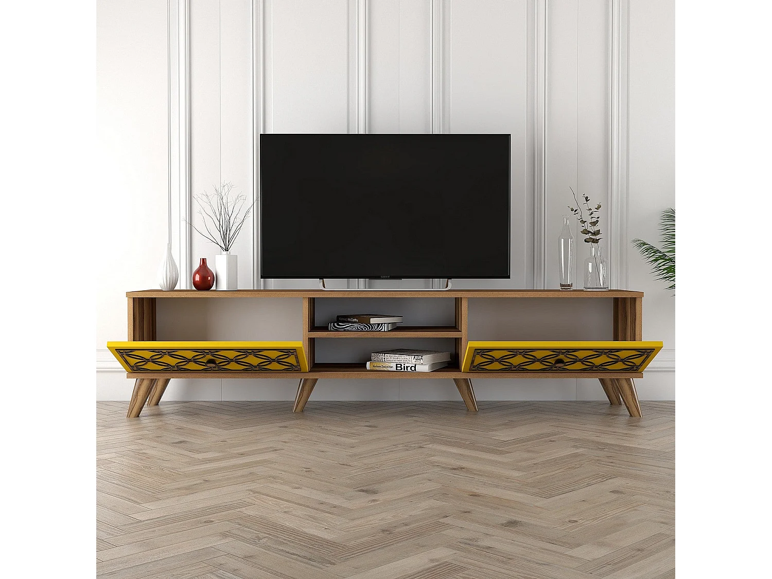 Meuble TV 2 portes et 2 étagères Varize 180cm Motif Arabesque Jaune et Bois