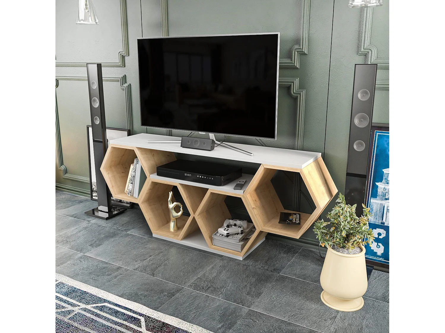 Elegante tv-standaard, wit en sonamo, 140 x 29,6 x 55,5 cm | 100% melamine gecoate spaanplaat, 18 mm dik | Modern design voor woonkamers en entertainmentruimtes