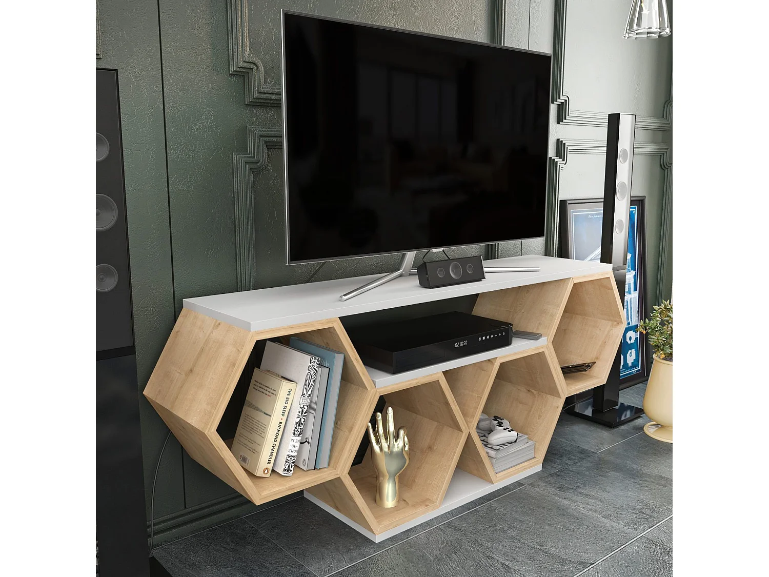 Elegante tv-standaard, wit en sonamo, 140 x 29,6 x 55,5 cm | 100% melamine gecoate spaanplaat, 18 mm dik | Modern design voor woonkamers en entertainmentruimtes