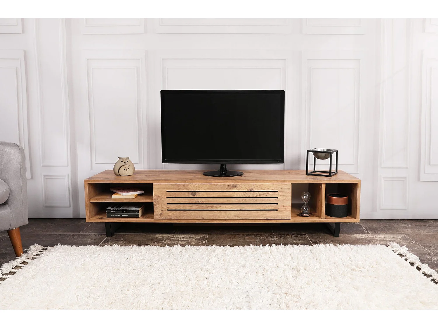 Mesa de tv Kailua 629, Pino, Número de puertas: 1.00, 160x35x40cm