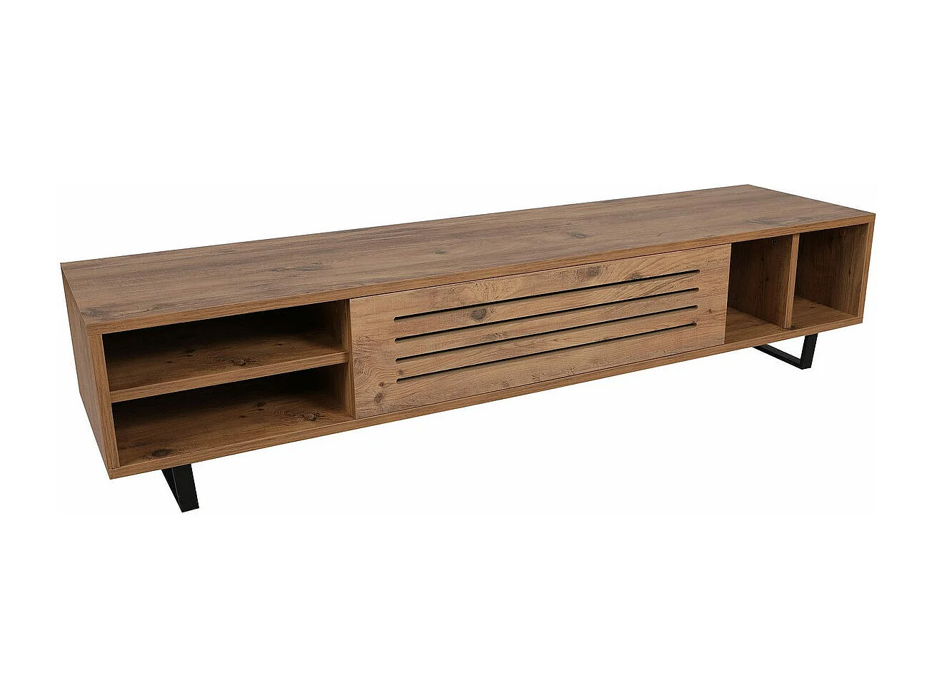 Meuble TV 2 portes et 4 compartiment Leslie 160cm Métal Noir et Bois Naturel