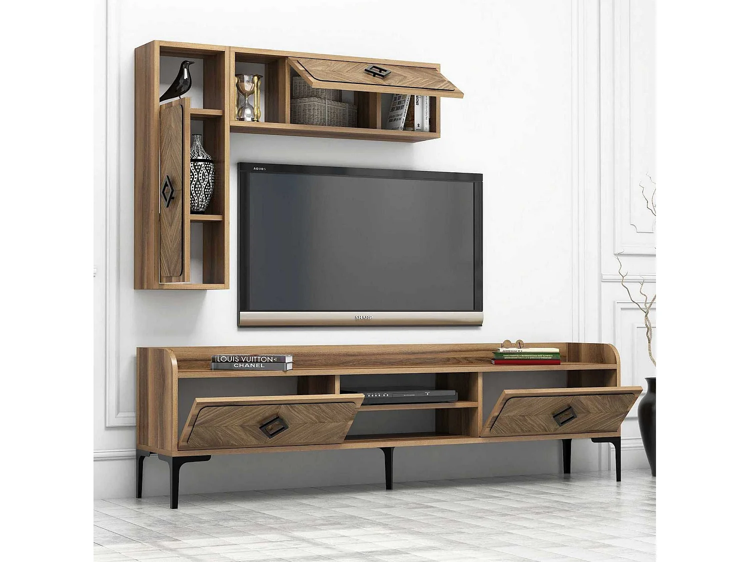 Mueble de TV moderno – 180 cm x 52 cm x 35 cm – nogal – melamina