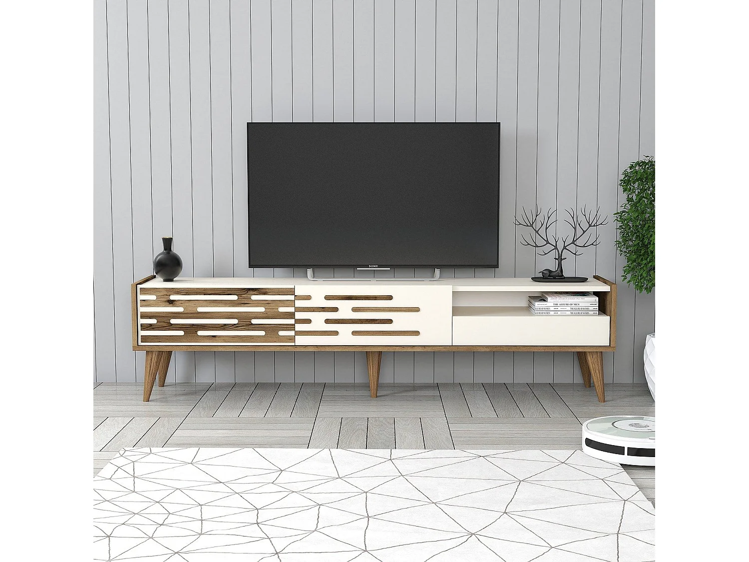 Móvel de TV – 180 x 35 x 45 cm – Nogueira e creme – Painel de partículas revestido a melamina