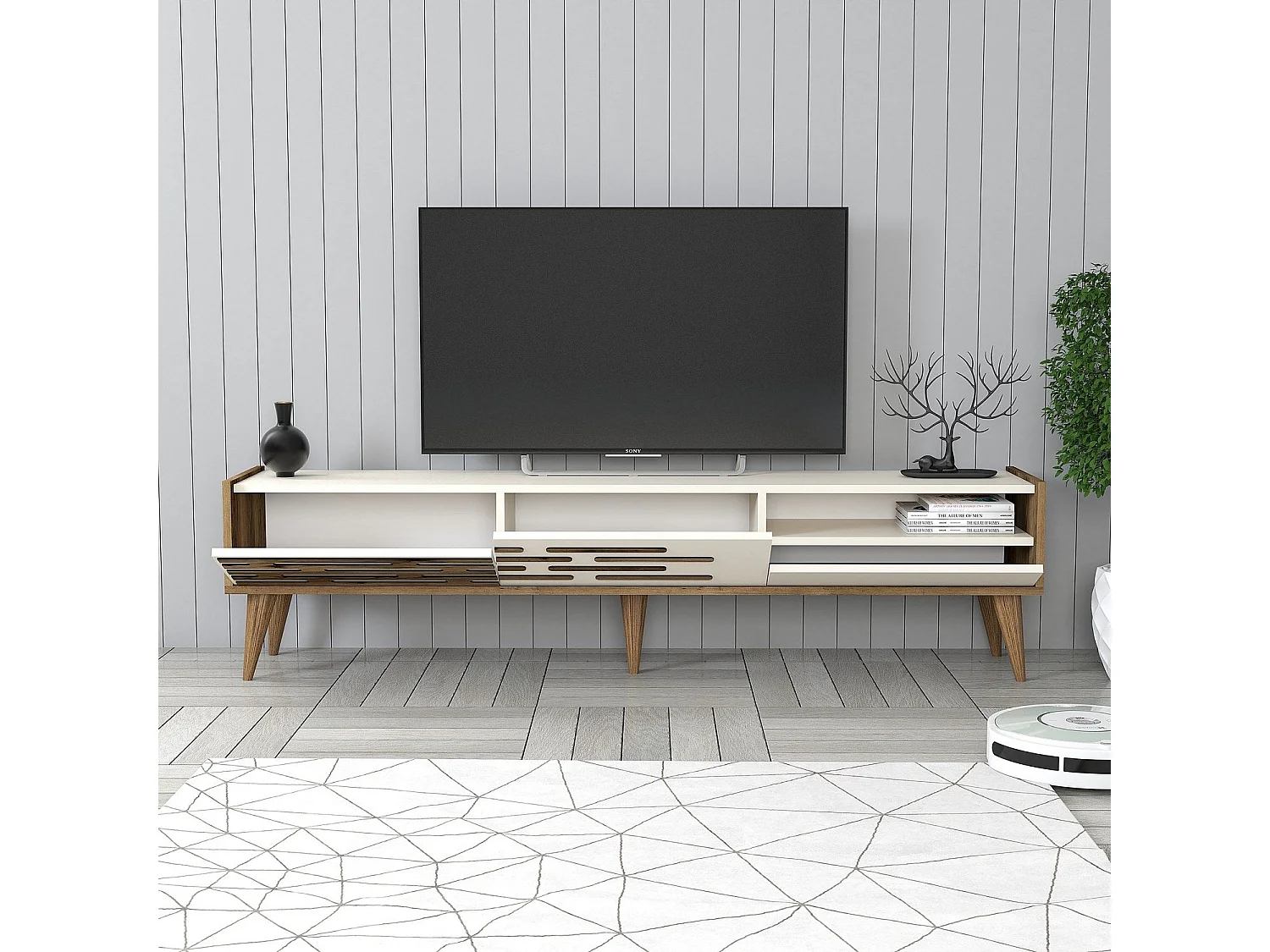 Móvel de TV – 180 x 35 x 45 cm – Nogueira e creme – Painel de partículas revestido a melamina