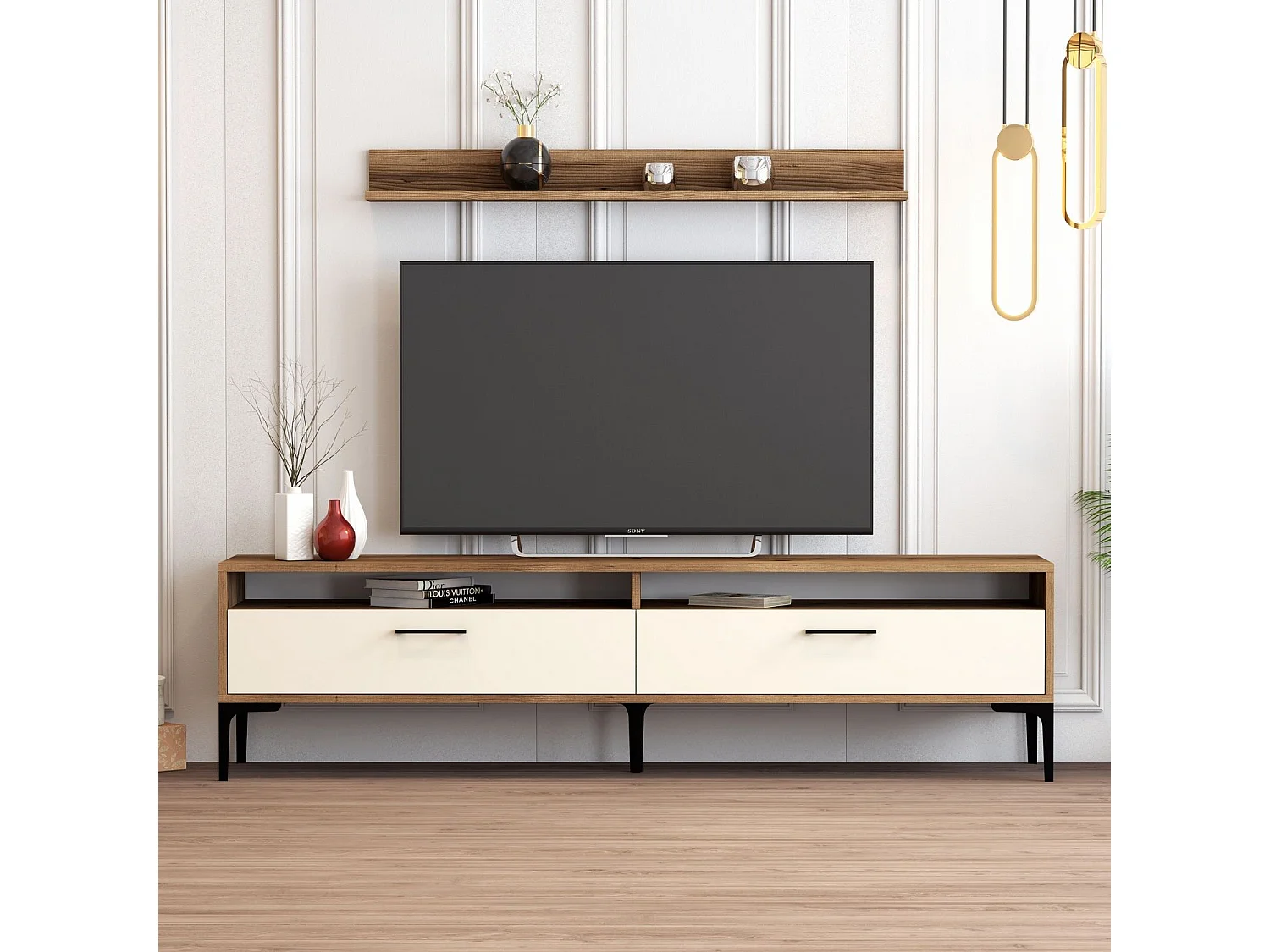 Mueble de TV moderno – 180 cm – Nogal y Crema – Revestido 100% melamina