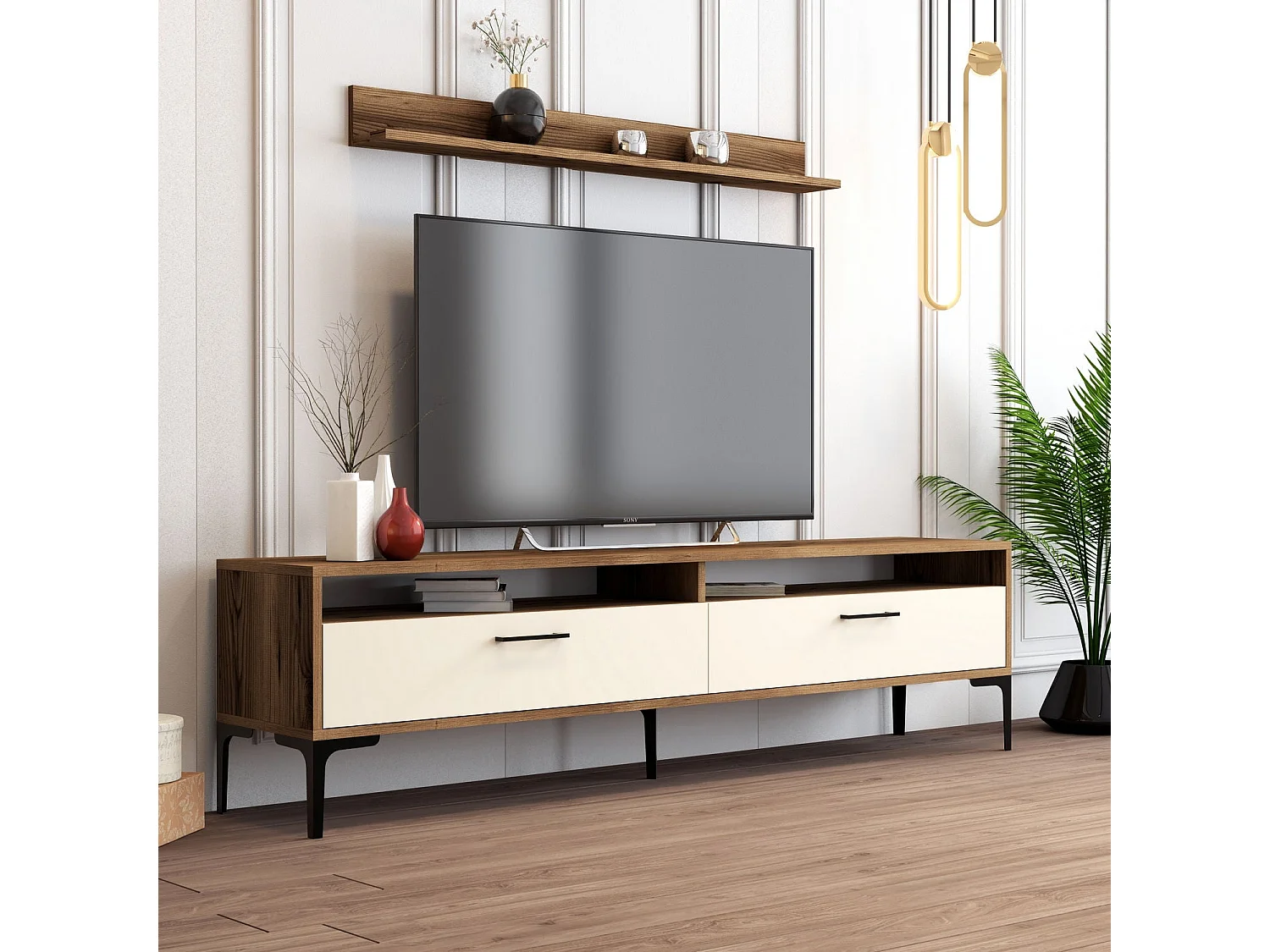 Mueble de TV moderno – 180 cm – Nogal y Crema – Revestido 100% melamina