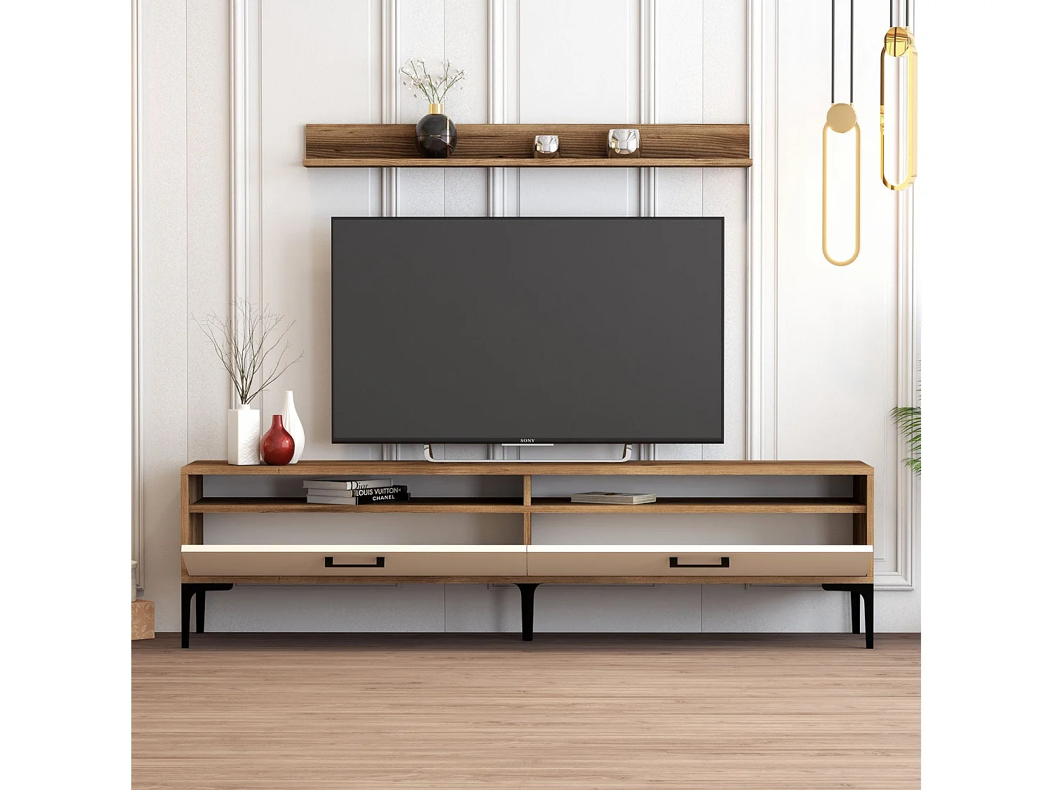 Mueble de TV moderno – 180 cm – Nogal y Crema – Revestido 100% melamina