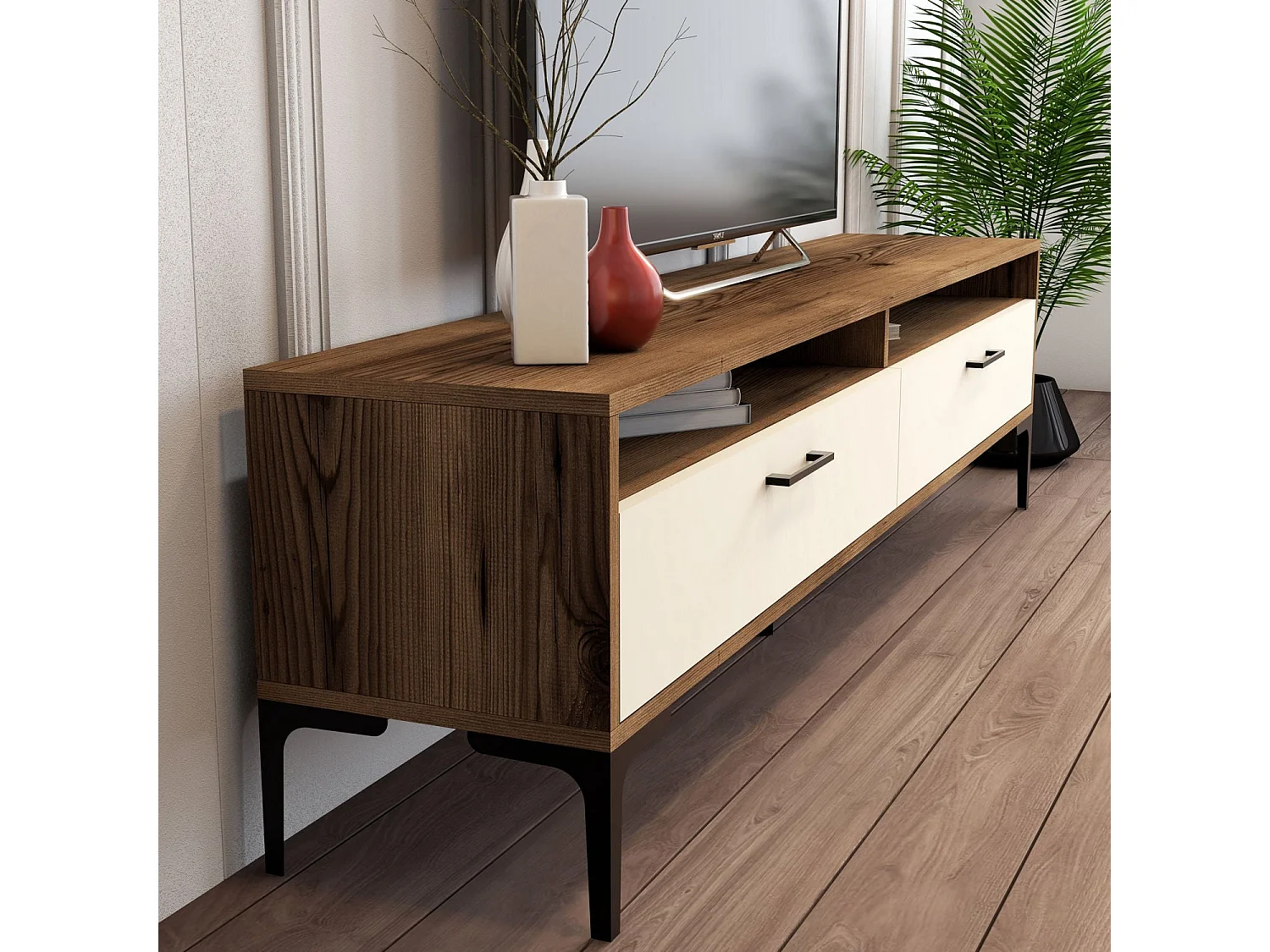 Ensembles meuble TV et étagère murale Varnus Bois Naturel et Blanc crème et Métal Noir