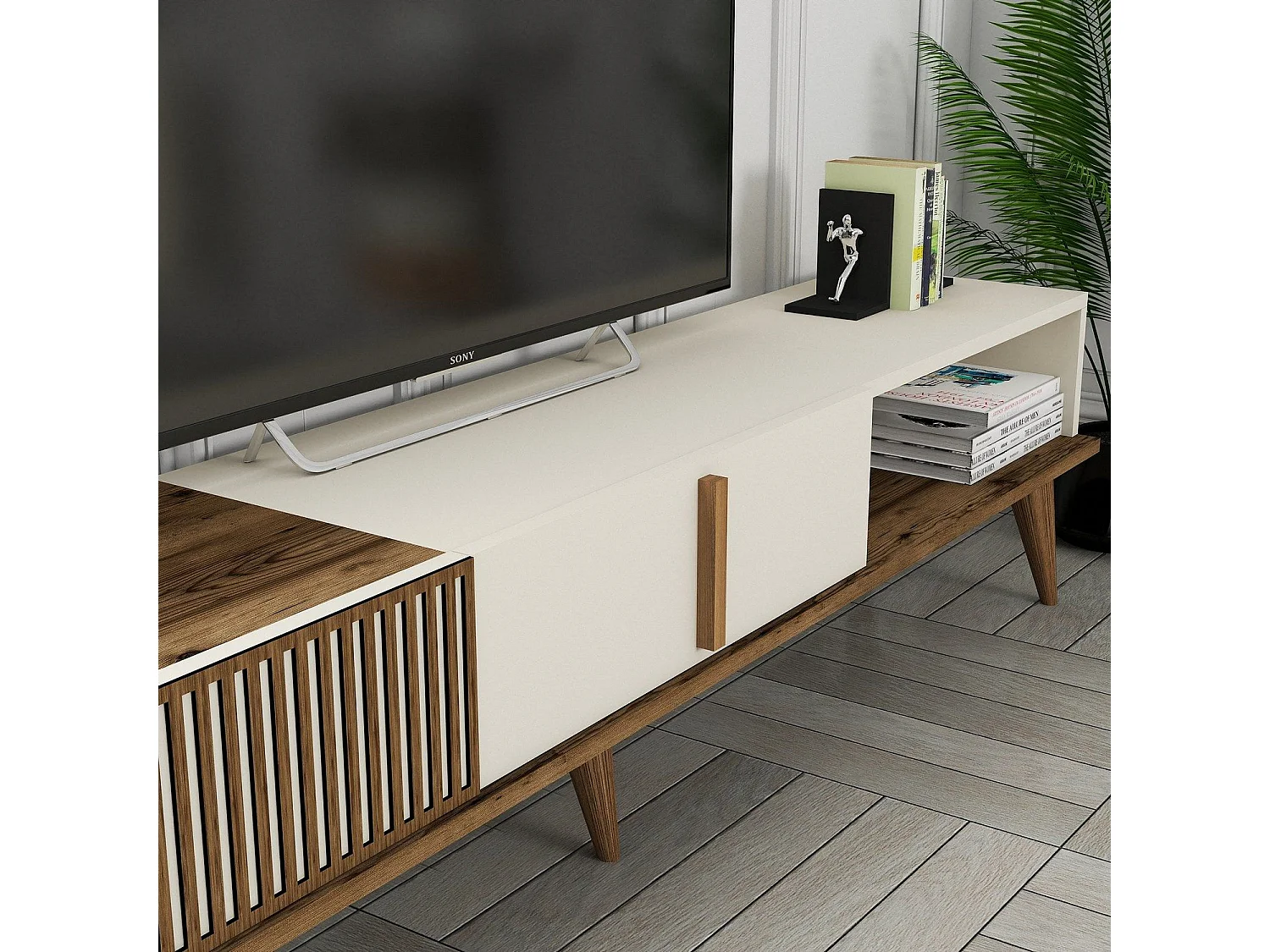 Mueble de TV – 180 x 40 x 35 cm – Nogal y crema – Tablero de partículas recubierto de melamina