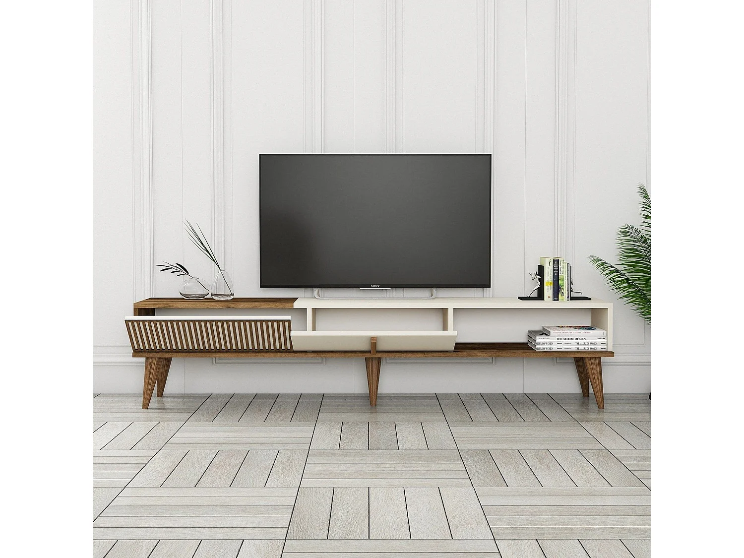 Mueble de TV – 180 x 40 x 35 cm – Nogal y crema – Tablero de partículas recubierto de melamina