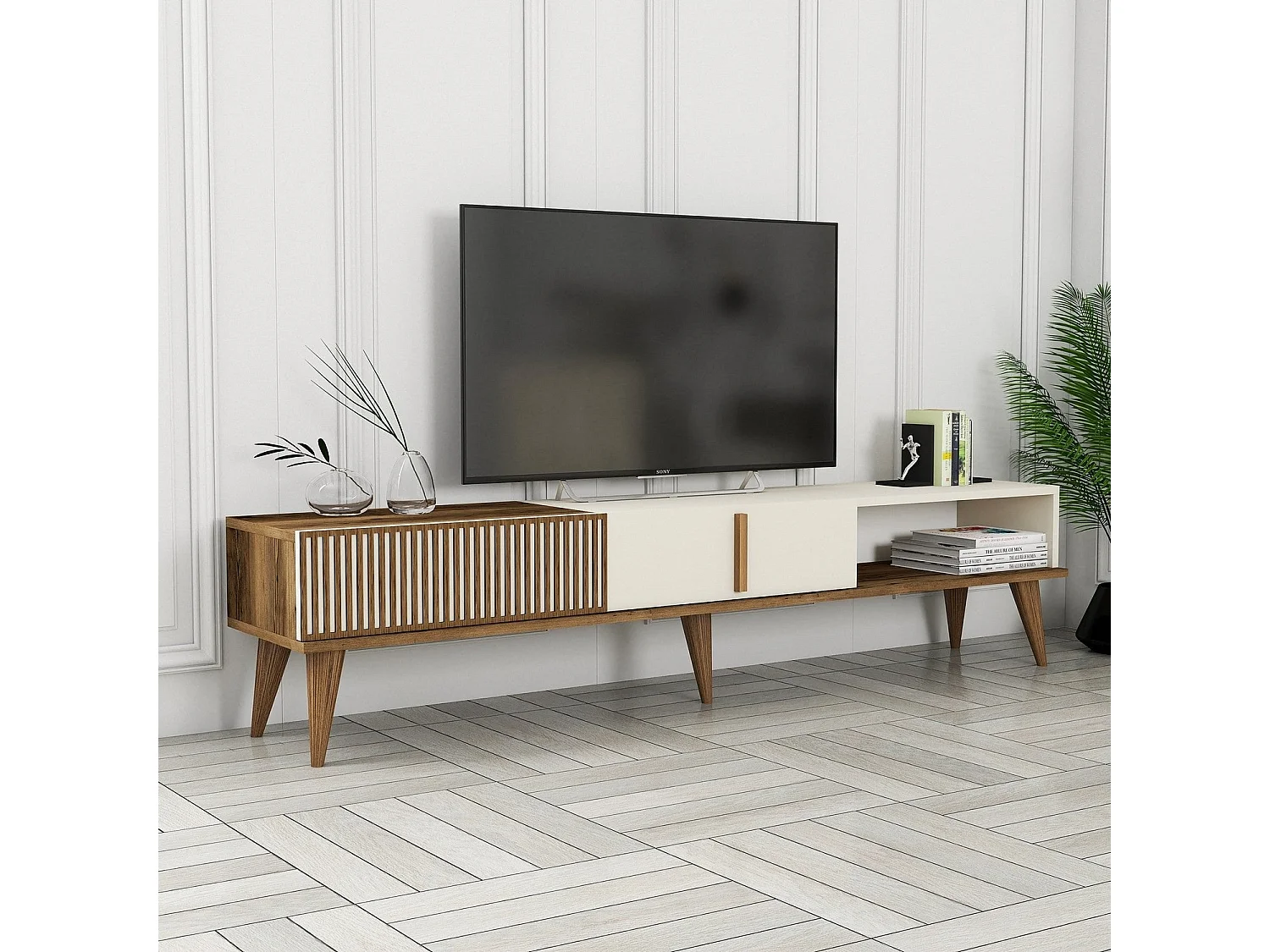 Mueble de TV – 180 x 40 x 35 cm – Nogal y crema – Tablero de partículas recubierto de melamina
