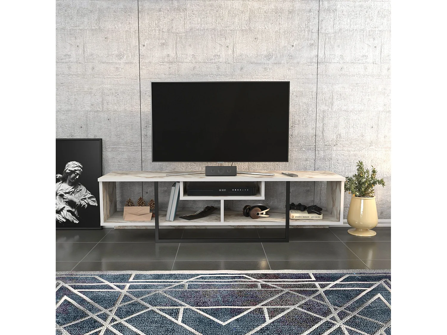 Stijlvolle zwart-witte tv-standaard, 150 x 35,2 x 40 cm | 100% melamine spaanplaat, 18 mm dik | Modern design voor woonkamers en entertainmentruimtes