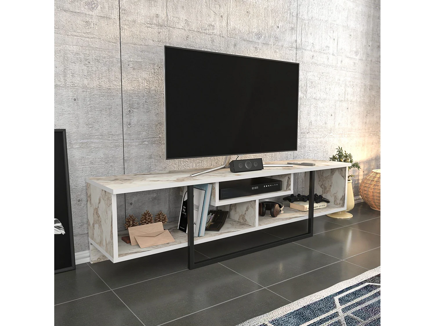Stijlvolle zwart-witte tv-standaard, 150 x 35,2 x 40 cm | 100% melamine spaanplaat, 18 mm dik | Modern design voor woonkamers en entertainmentruimtes