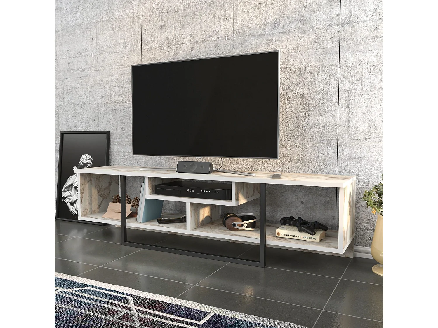 Stijlvolle zwart-witte tv-standaard, 150 x 35,2 x 40 cm | 100% melamine spaanplaat, 18 mm dik | Modern design voor woonkamers en entertainmentruimtes