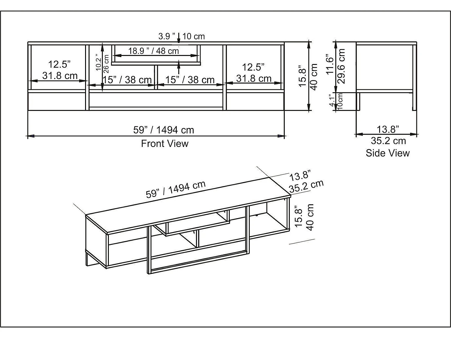 Stijlvolle zwart-witte tv-standaard, 150 x 35,2 x 40 cm | 100% melamine spaanplaat, 18 mm dik | Modern design voor woonkamers en entertainmentruimtes