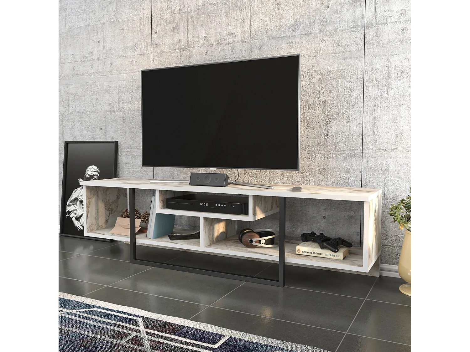Stijlvolle zwart-witte tv-standaard, 150 x 35,2 x 40 cm | 100% melamine spaanplaat, 18 mm dik | Modern design voor woonkamers en entertainmentruimtes