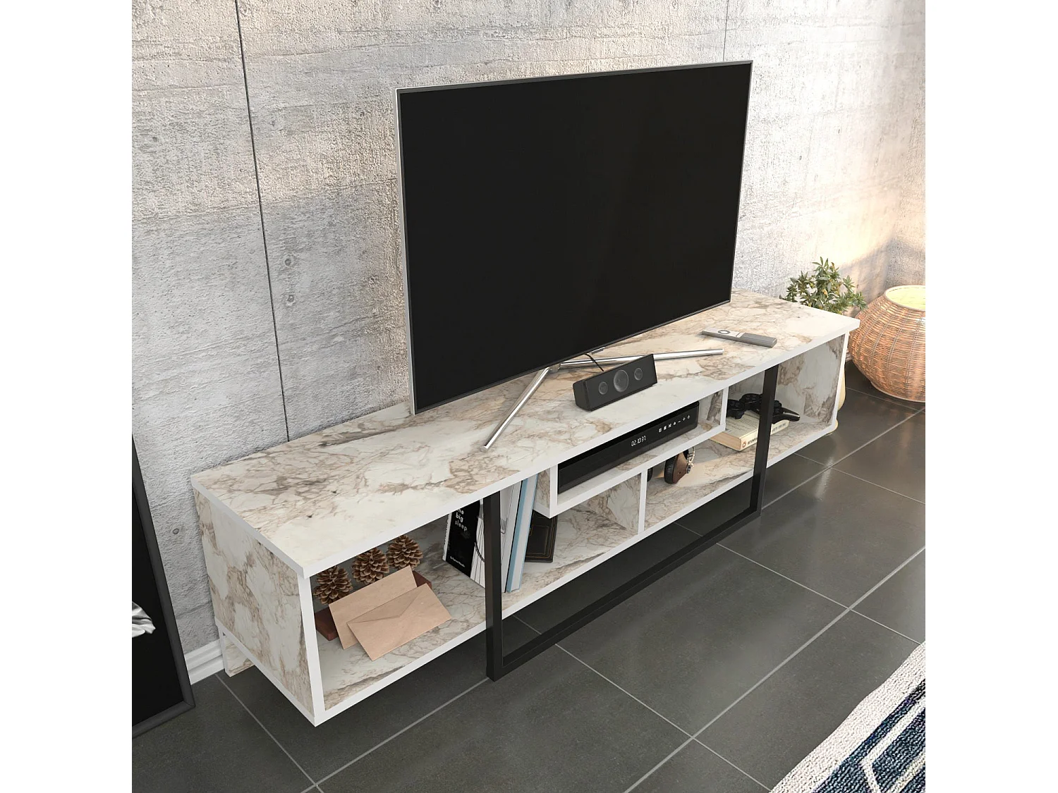 Stijlvolle zwart-witte tv-standaard, 150 x 35,2 x 40 cm | 100% melamine spaanplaat, 18 mm dik | Modern design voor woonkamers en entertainmentruimtes