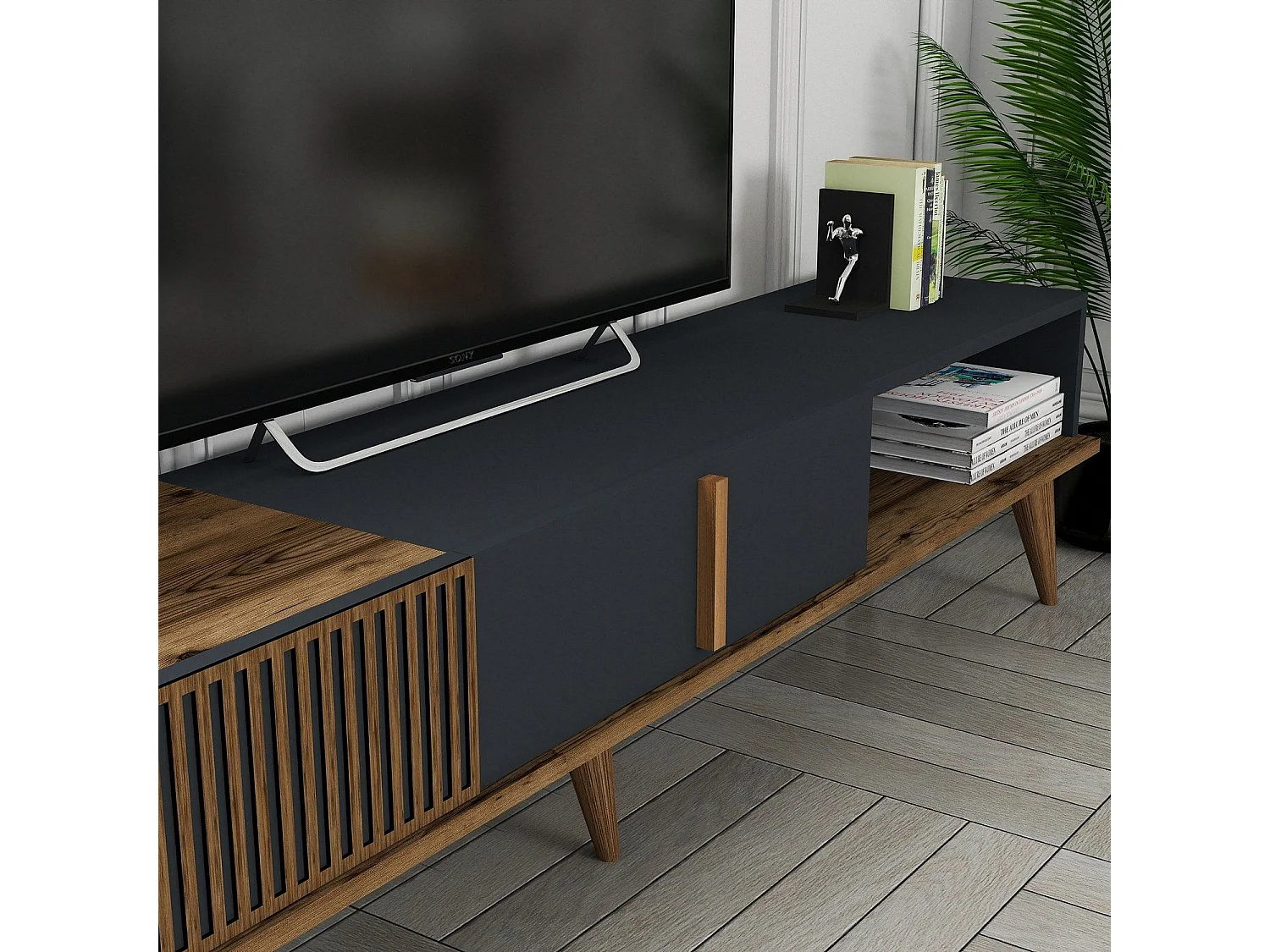 Mueble de TV – 180 x 40 x 35 cm – Nogal y Antracita – Tablero de partículas recubierto de melamina