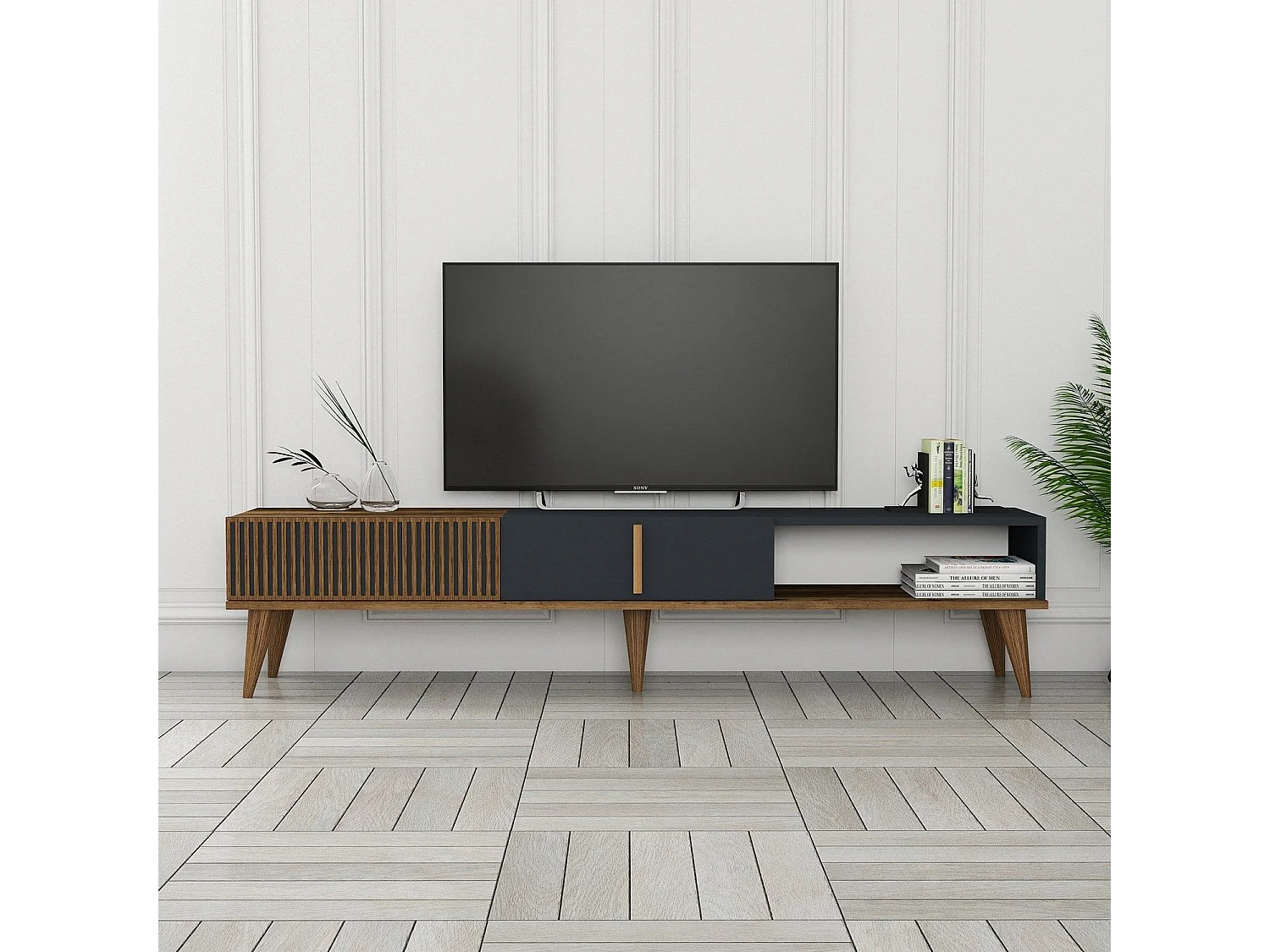 TV-Ständer – 180 x 40 x 35 cm – Walnuss und Anthrazit – Melaminbeschichtete Spanplatte