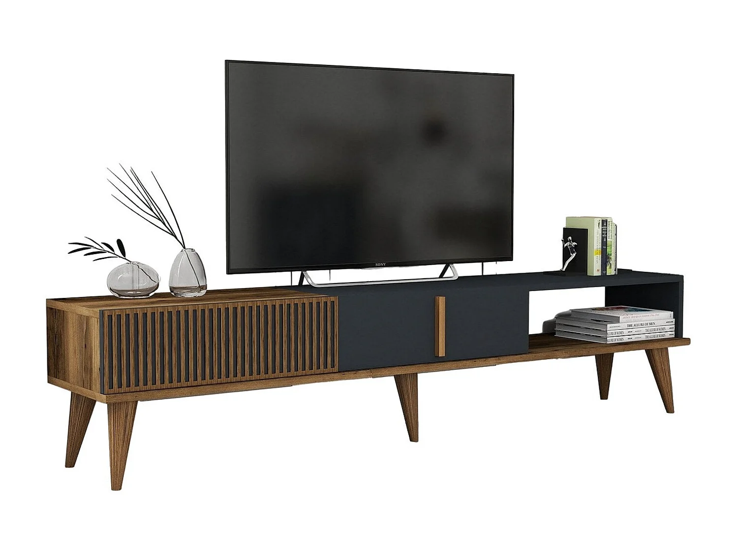 TV-Ständer – 180 x 40 x 35 cm – Walnuss und Anthrazit – Melaminbeschichtete Spanplatte