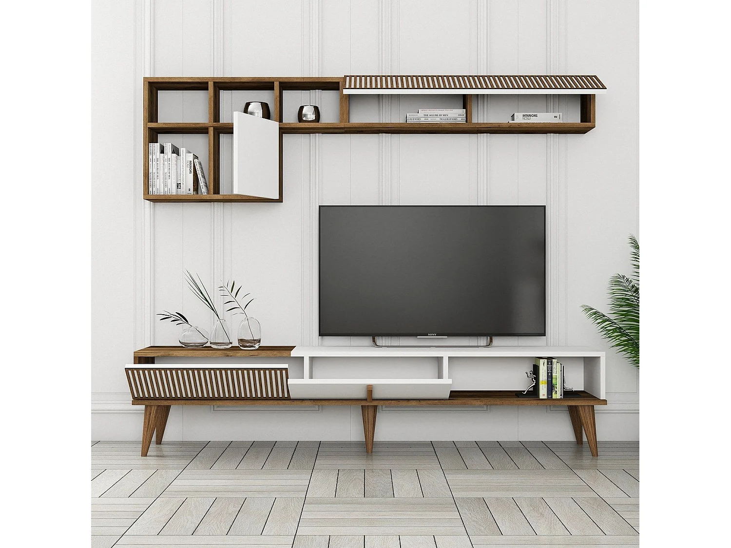 Mueble de TV – 180 cm de ancho – Nogal y Blanco – Melamina