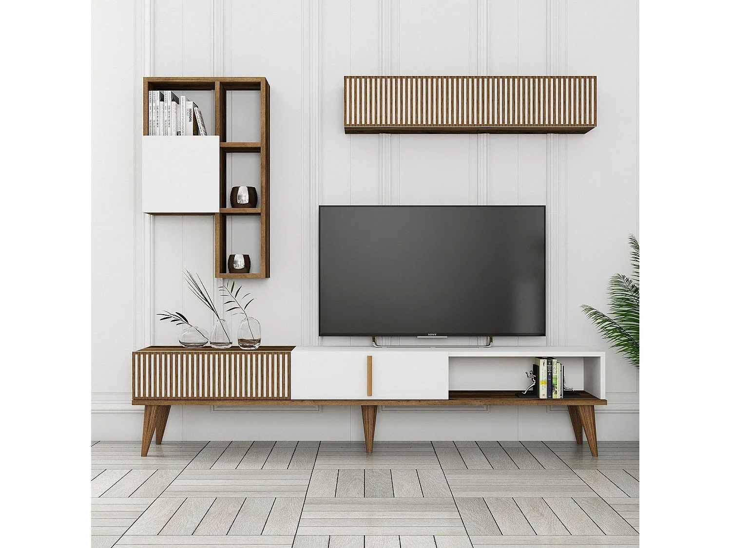 Mueble de TV – 180 cm de ancho – Nogal y Blanco – Melamina