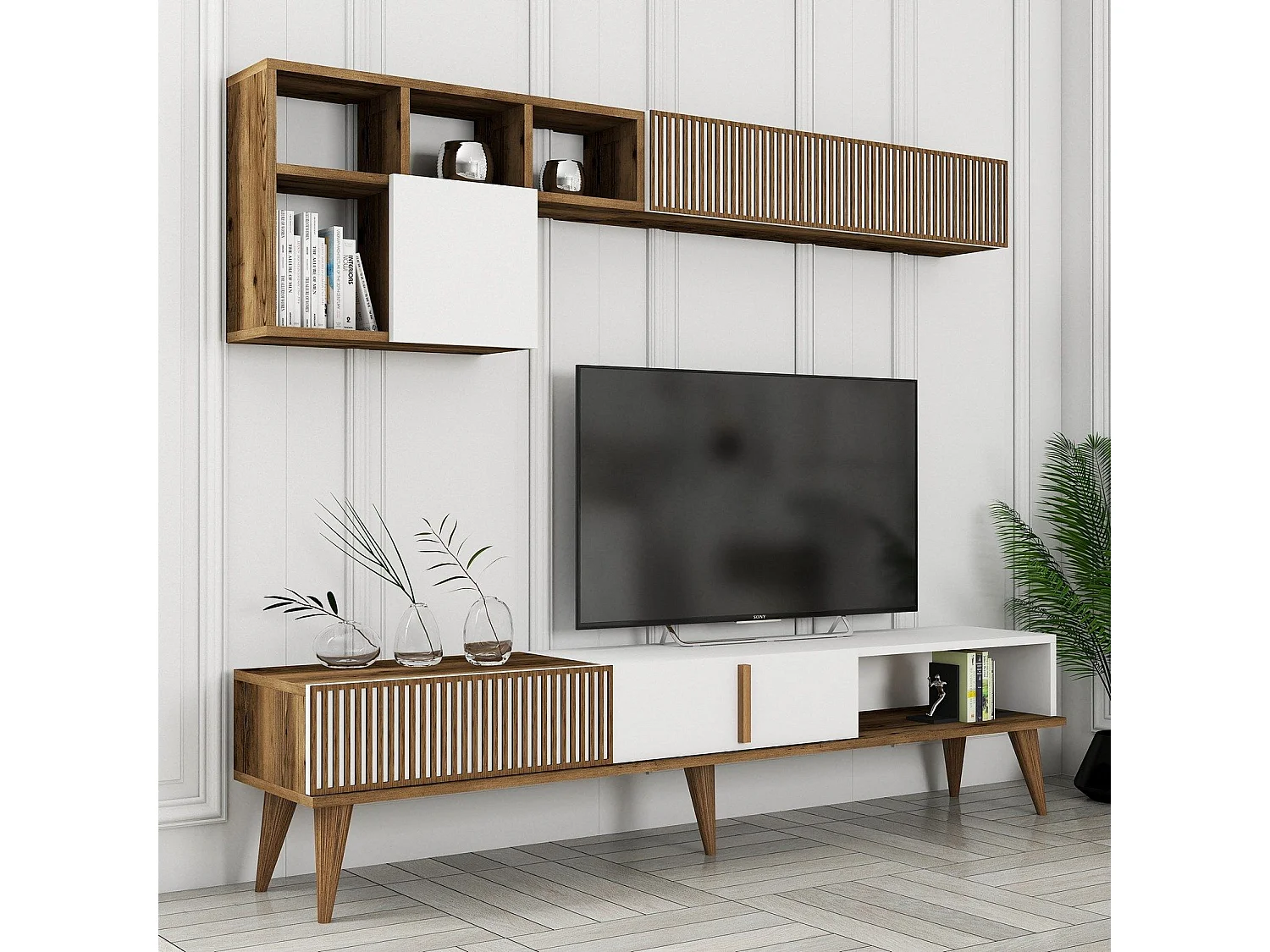 Mueble de TV – 180 cm de ancho – Nogal y Blanco – Melamina